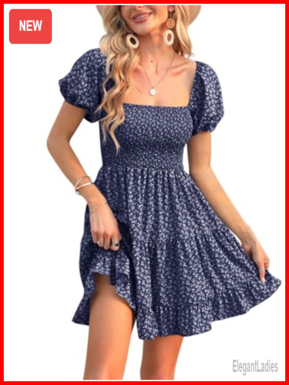 Puff Sleeve Square Neck Smocked Ruffle Babydoll Mini Dress Polyester